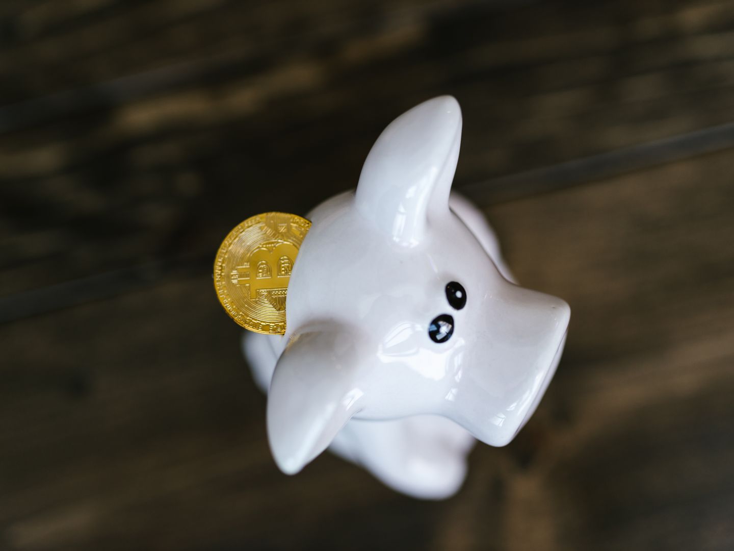 Close up of a bitcoin coin inserted in a white piggy bank, symbolizing cryptocurrency savings.